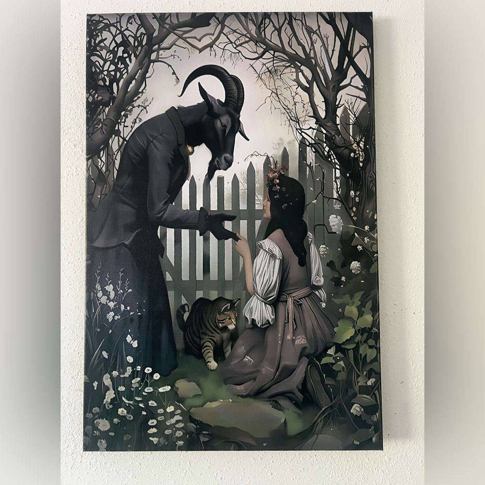 Mystical Goat-Head Figure Wall Art Canvas - Black & Gray